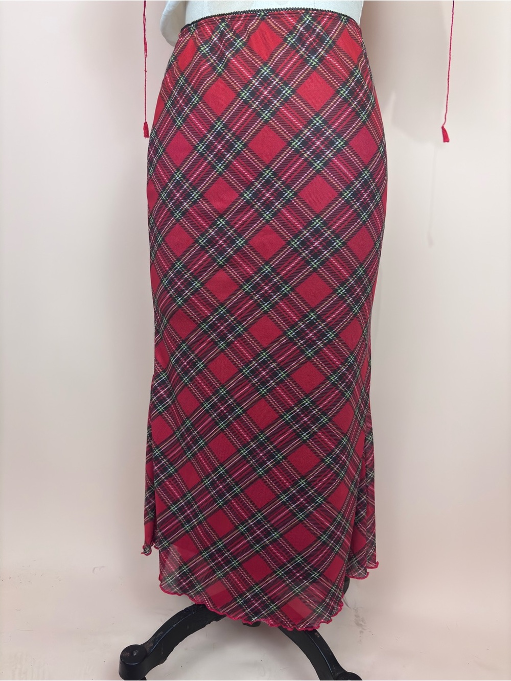 Red Tartan Plaid Mesh 90s Midi Skirt Small - Picture 2 of 7